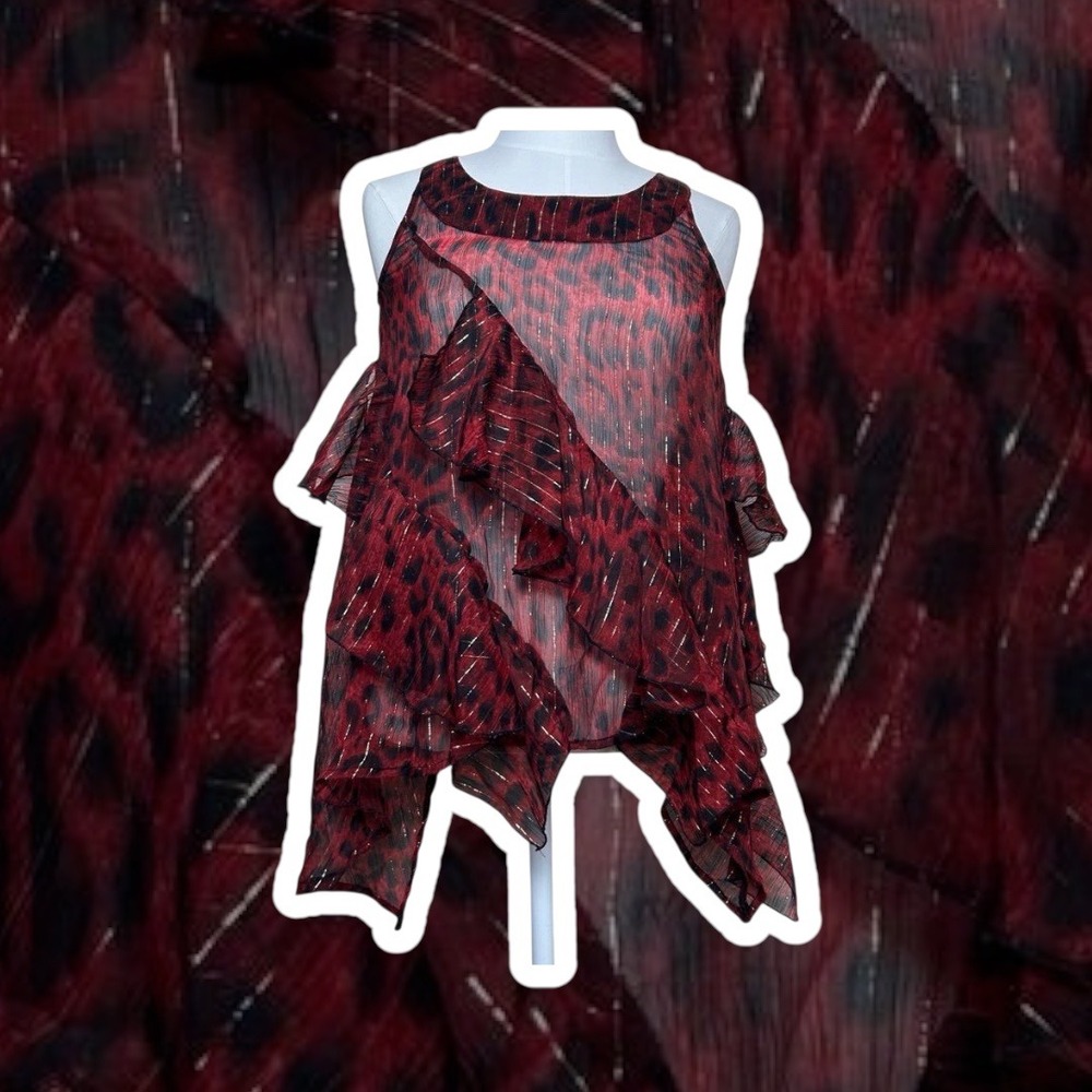 Y2K MYTH NYC Womens Red Leopard Print Metallic Ruffle Asymmetrical‎ Tank Top XS